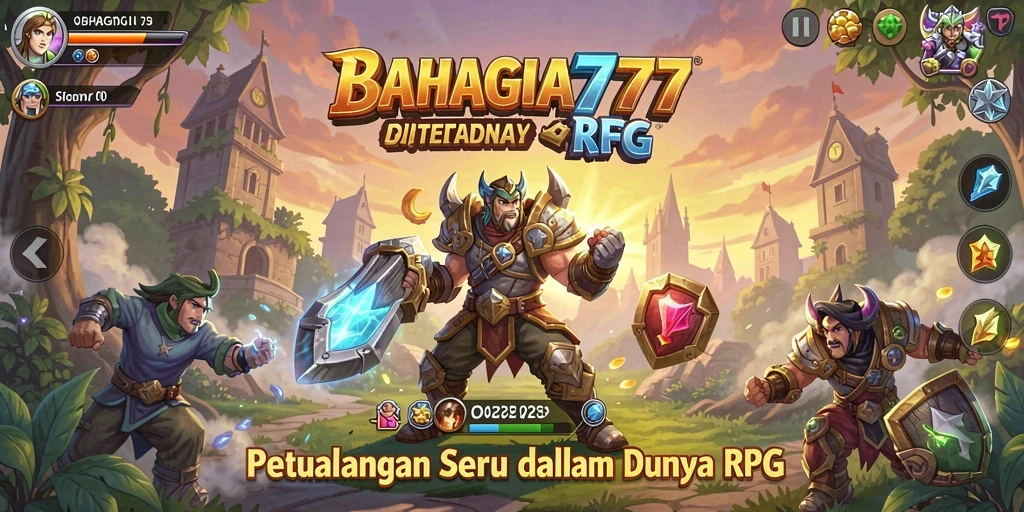 Tampilan gameplay RPG BAHAGIA777 yang menampilkan pertarungan seru dan karakter beragam.