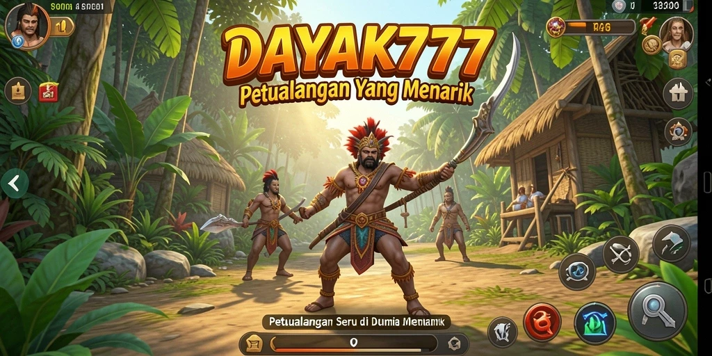 Screenshot utama menunjukkan gameplay menawan dari petualangan DAYAK777.