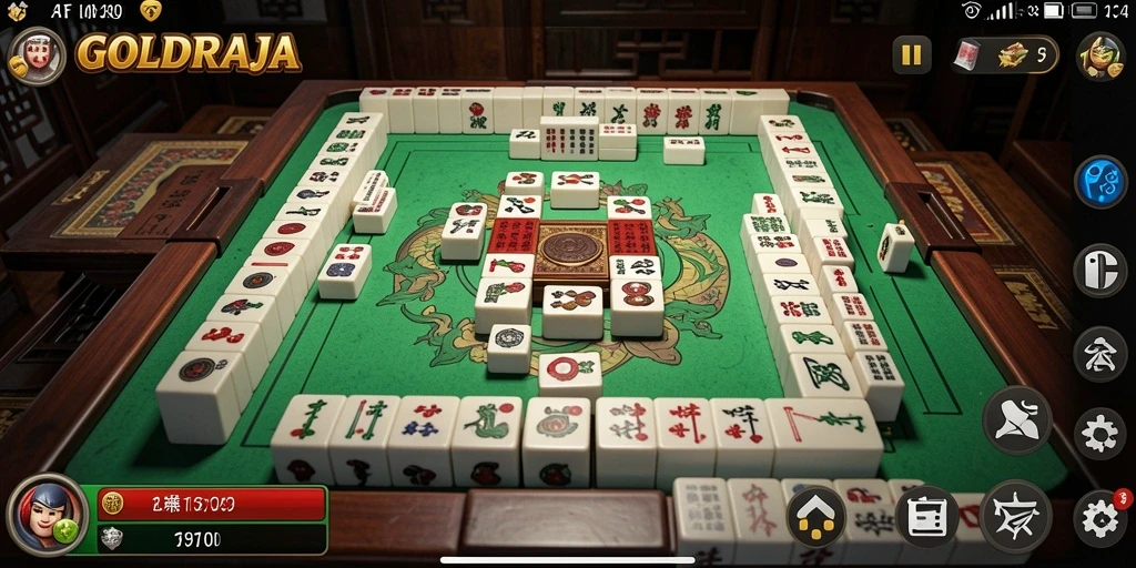 Tampilan gameplay <strong>GOLDRAJA</strong> dengan ubin Mahjong yang berwarna-warni dan menarik.