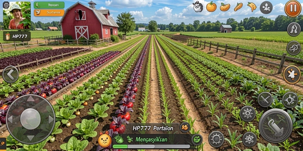 Screenshot menampilkan gameplay pertanian yang menarik dan penuh warna.