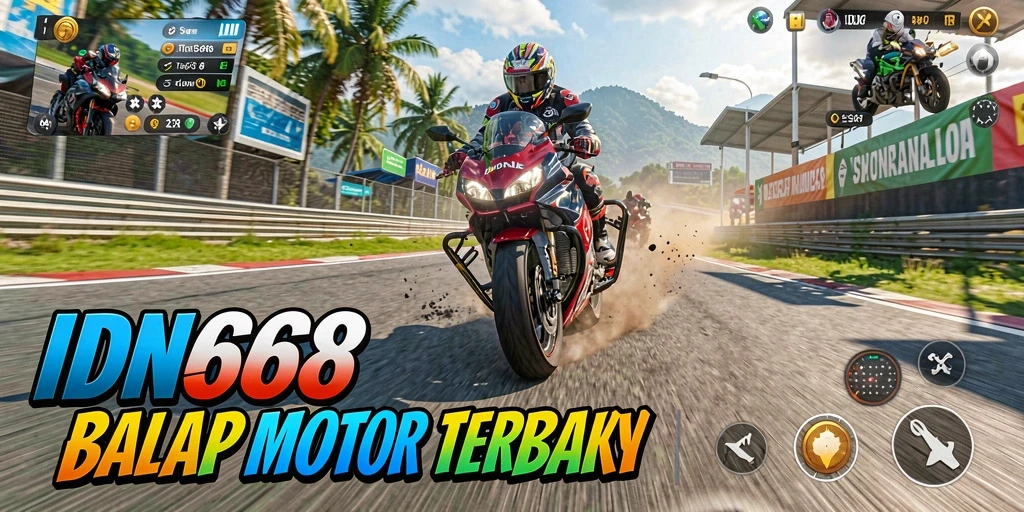 Tampilan gameplay menegangkan di <strong>IDN668</strong> saat balap motor berlangsung.