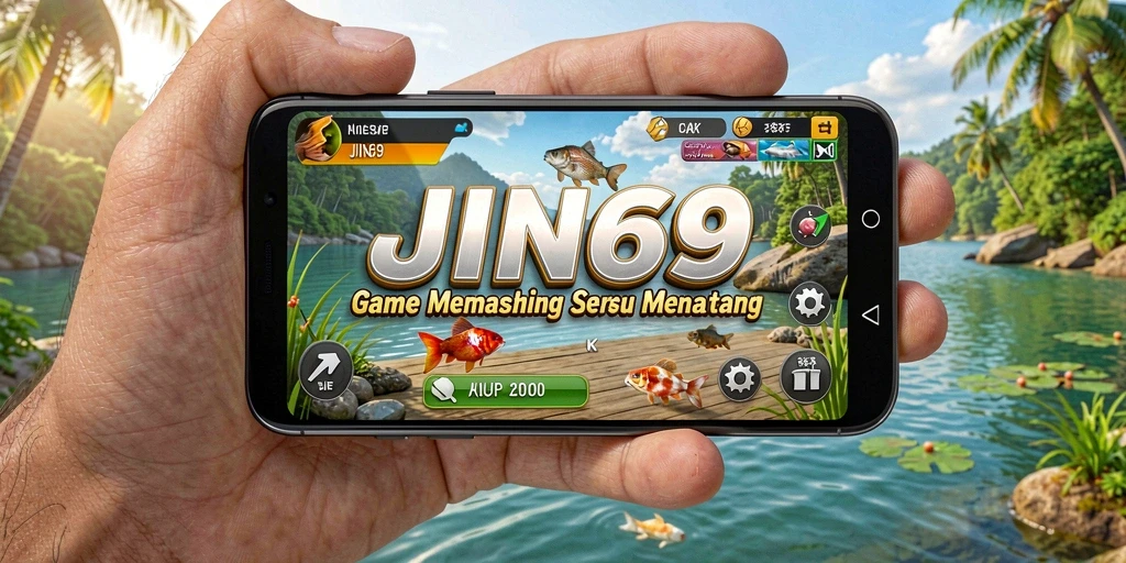 Tampilan gameplay JIN69 saat menangkap ikan di lokasi memancing yang indah.