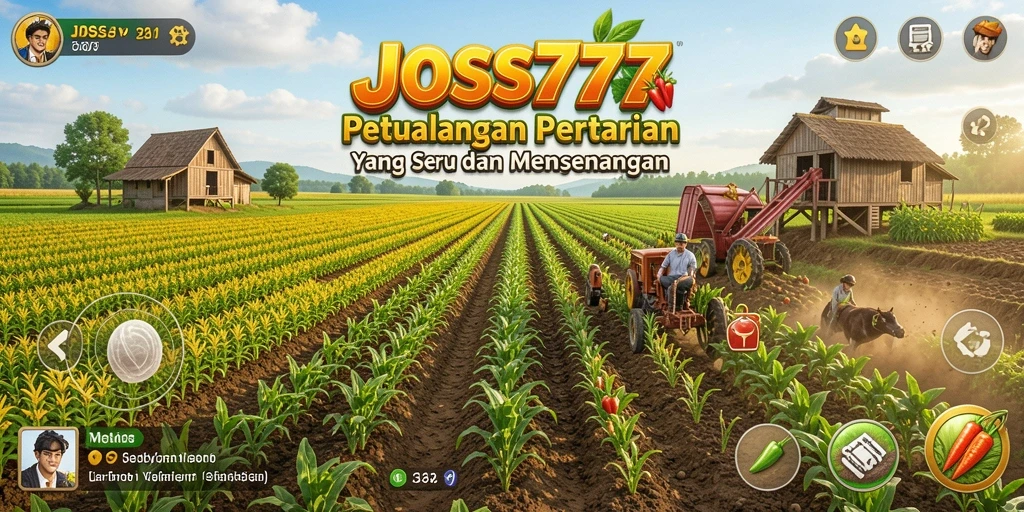 Screenshot menampilkan gameplay JOSS777 dengan warna-warna cerah dan aktivitas bertani.