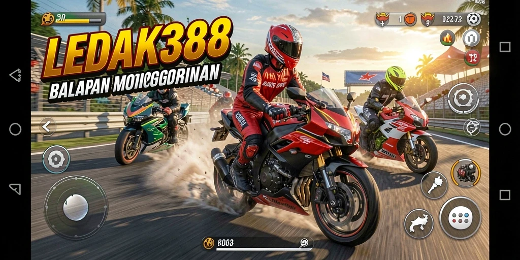 Screenshot gameplay LEDAK388 menampilkan balapan motor yang seru dan penuh aksi.