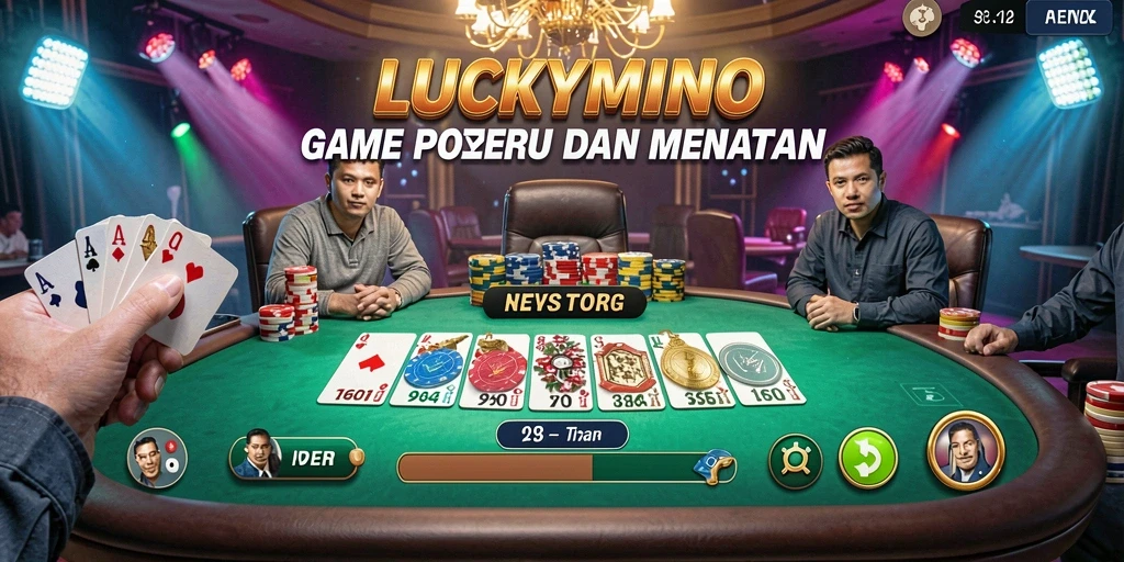 Tampilan gameplay seru di LUCKYMINO dengan pemain berkompetisi di meja poker.