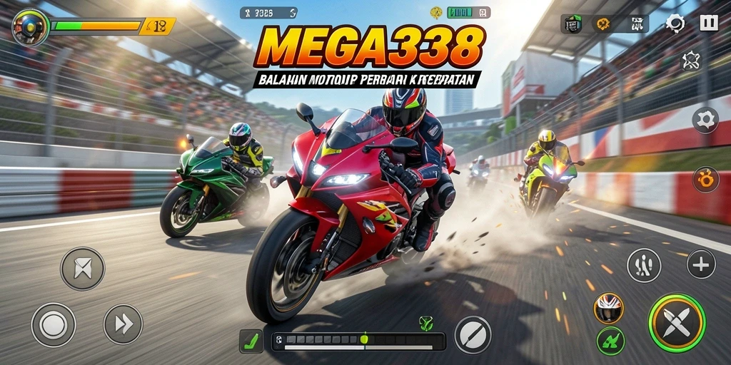 Tampilan gameplay mendebarkan dari balapan motor di MEGA338.