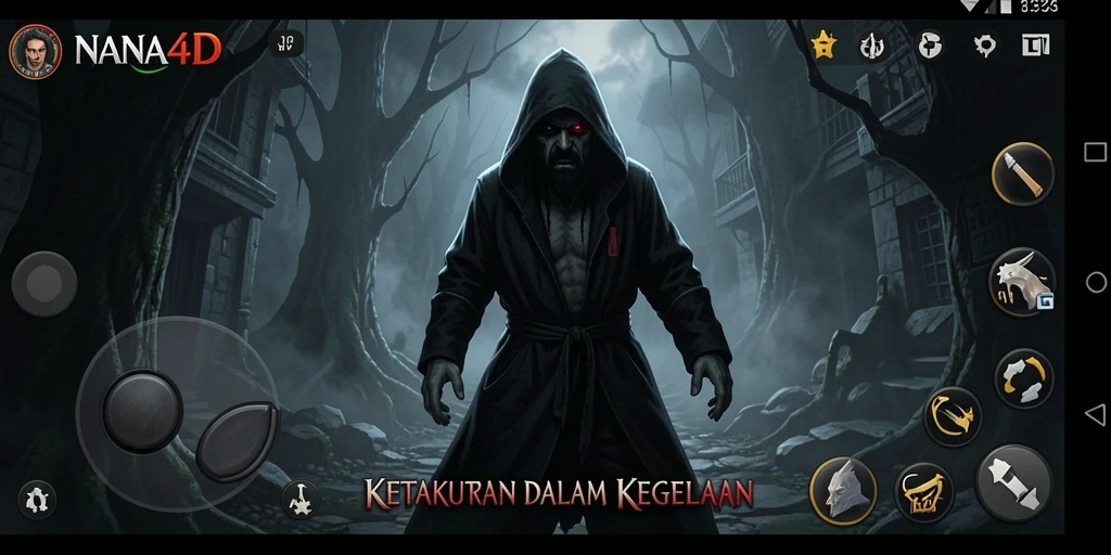 Screenshot gameplay NANA4D menampilkan suasana mencekam di dunia yang gelap.