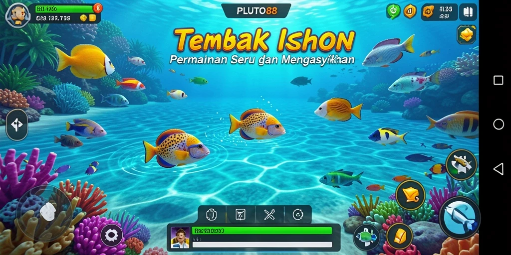 Screenshot utama PLUTO88 menampilkan aksi seru dalam perburuan ikan.