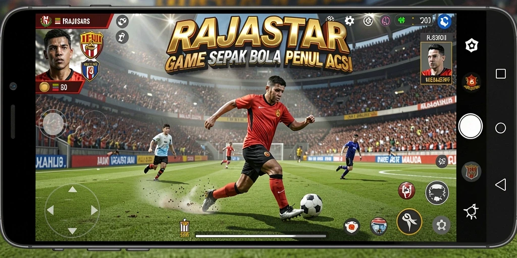 Tampilan gameplay menarik dari RAJASTAR dengan aksi sepak bola yang intens.