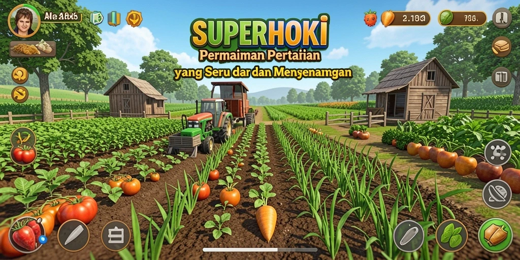 Screenshot SUPERHOKI menampilkan gameplay seru bertani di kebun virtual.