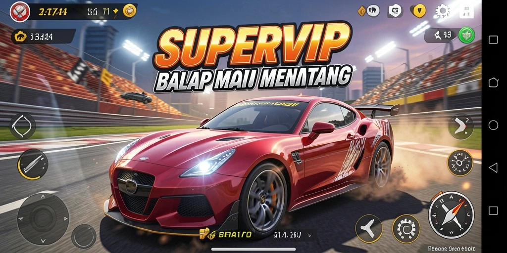 Tangkapan layar game SUPERVIP menampilkan balapan mobil yang mendebarkan.