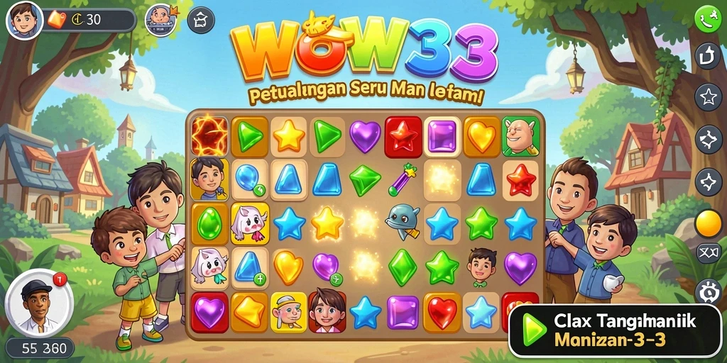 Gameplay WOW33 menampilkan kombinasi elemen warna-warni dalam permainan Match-3.